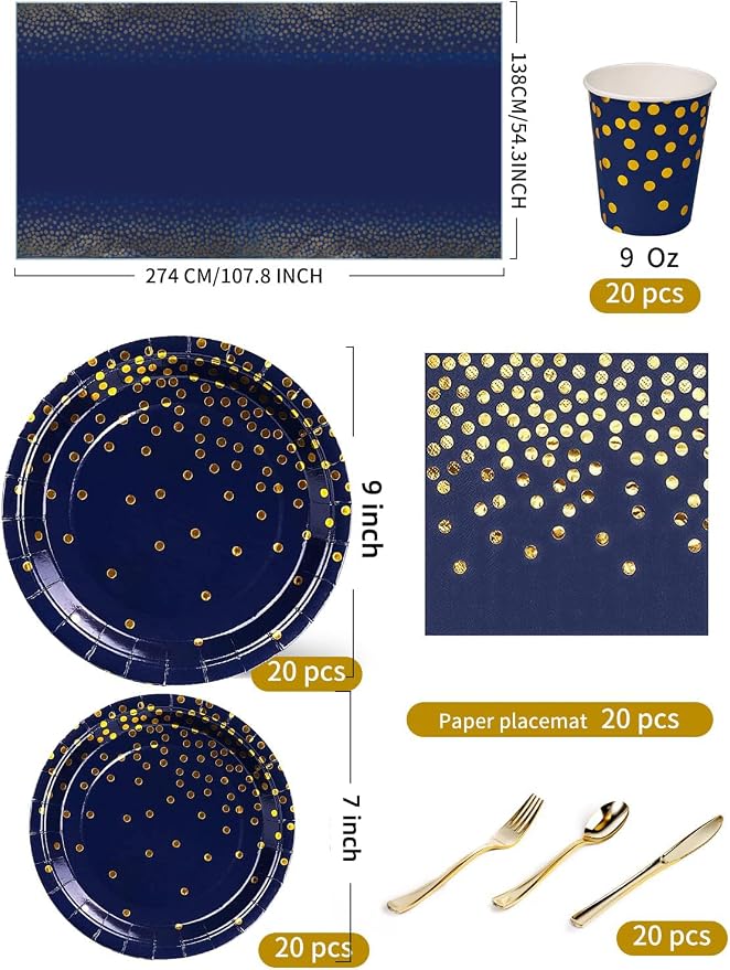 Nkaiso 141 Pieces Navy Blue Gold Party Supplies, Disposable Party Decorations Sets Include Paper Plates Napkins Cups, Plastic Forks Knives Spoons, for Baby Shower Birthday Wedding -20 Guests