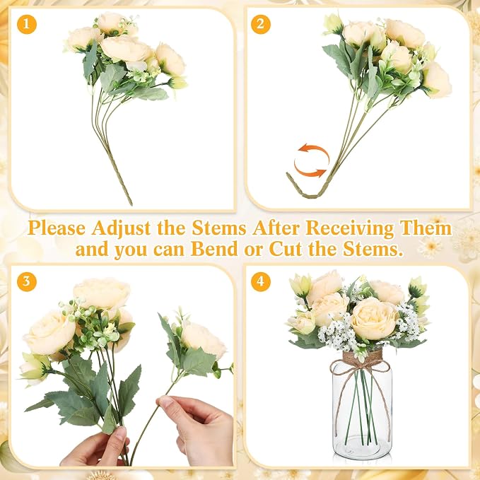 Zeyune 6 Sets Mason Jar Table Centerpiece with Artificial Peony Baby's Breath Flower Centerpieces Faux Flowers with Rope for Wedding Reception Engagement Bridal Shower Rustic Table Decor(Champagne)