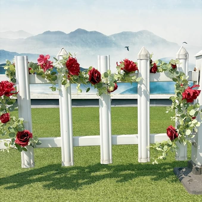 Artificial Flower Garland，6.5Ft Fake Dahlia Rose Floral Eucalyptus Greenery Garland Vine for Wedding Arch，Table Runner Centerpieces Backdrop Room Wall Hanging Plant Decor（Burgundy）