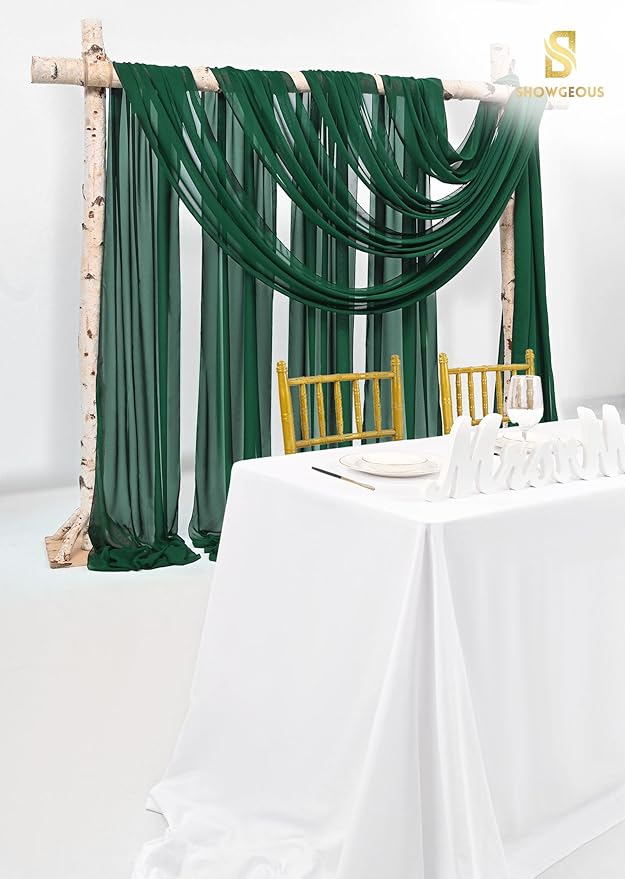 Wedding Arch Draping Fabric,4 Panels 28" x18ft Emerald Green Wedding Arch Drapes for Ceremony Sheer Chiffon Fabric Drapes Arbor Drapery Decorations for Reception Party