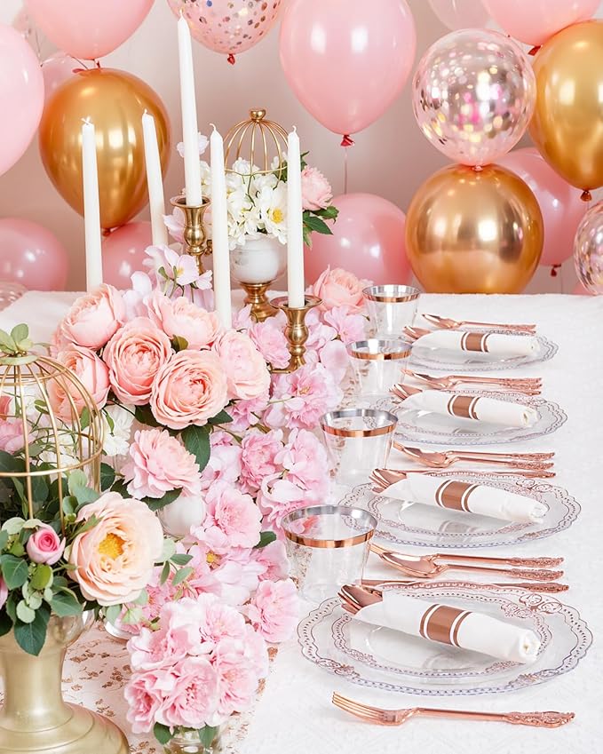 Ciaell 350 PCS Rose Gold Plastic Plates - Rose Gold Disposable Plates Dinnerware Include 50 Disposable Plate, 50 Heavy Duty Silverware, 50 Cups, 50 Napkins for Wedding & Anniversary & Mother's Day