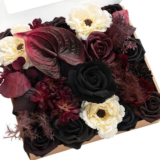 Ling's moment Fake Flowers Box, Faux Artificial Greenery Stems Foam Roses Dahlia Anthurium Silk Hydrangea Fabic Flower for Centerpieces Bouquet Wedding Vase Decorations, Burgundy & Black, Grand Combo