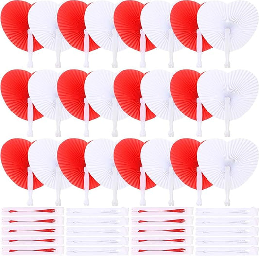 Blulu 60 Pack Wedding Decorative Paper Folding Hand Fan Handheld Heart Wedding Foldable Fan Chinese and Japanese Decoration Bulk for Bridal Guest Summer Dancing Birthday Party Favors(Red White)