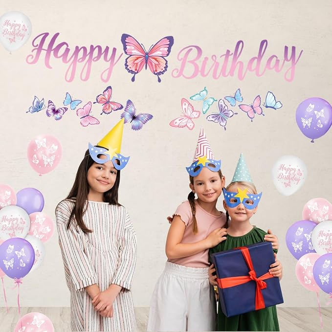 Butterfly Birthday Decorations, Girls Birthday Supplies - Plates, Napkins, Cups, Cutlery, Cake & Cupcake Toppers, Banner, Hanging Swirls, Tablecloth, Balloons for Butterfly Party Decorations, Serve 20