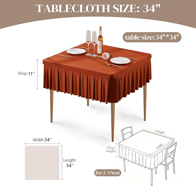 Wish Care Rust Spandex Tablecloths for 34x34 Inch Square Tables, Stretch Fitted Table Clothes with Pleated Ruffle Skirt for 34” Table, Wrinkle Free and Elastic, for Party Kitchen Home Dining