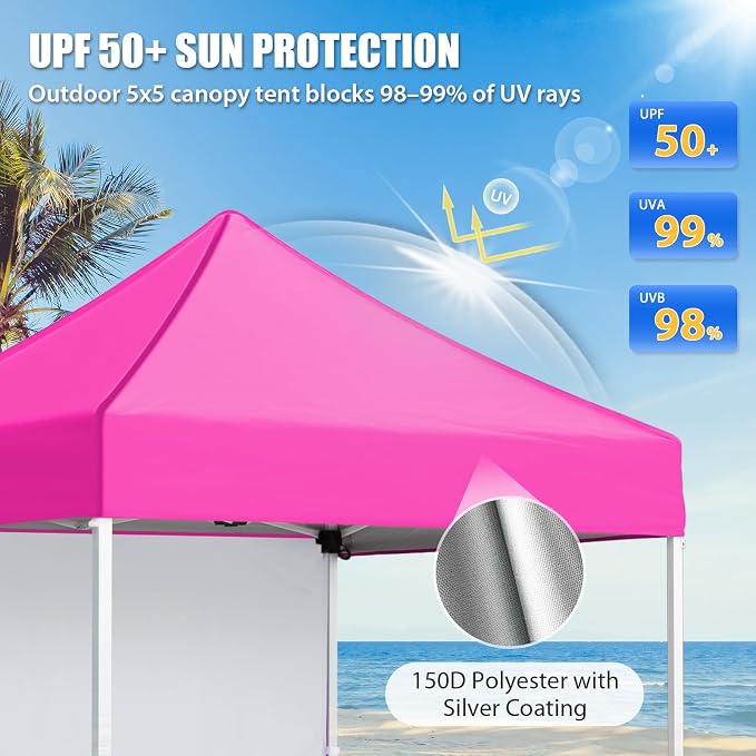 EAGLE PEAK Pop up Canopy 5x5, Outdoor Portable Canopy Tent with One Removable Sunwall, Carry Bag Included, Pink