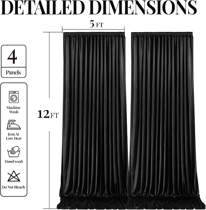 Black Glitter Backdrop Curtains - 20x12FT Satin Photo Backdrop, Wrinkle-Free Shimmer Back Drop Cloth Shiny Drapes for Photobooth Wedding Birthday Parties Photoshoot Background Decorations