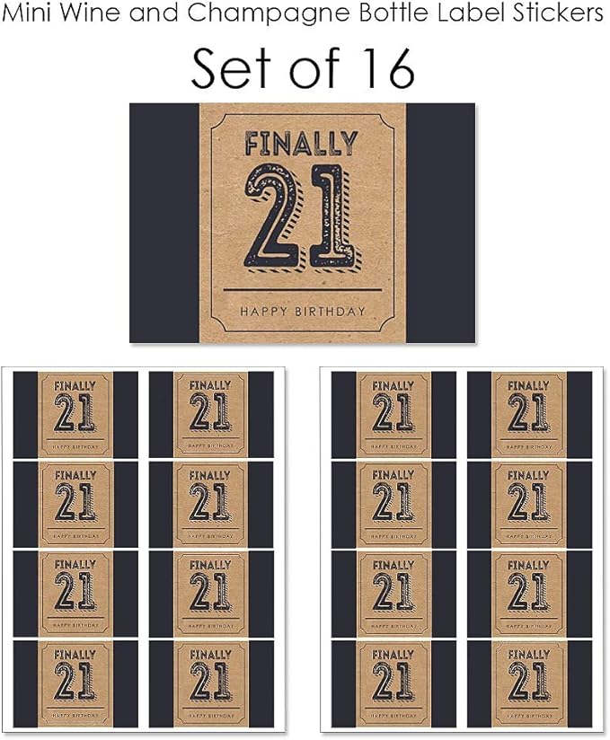 Big Dot of Happiness Finally 21-21st Birthday - Mini Wine and Champagne Bottle Label Stickers - Birthday Party Favor Gift for Women and Men - Set of 16