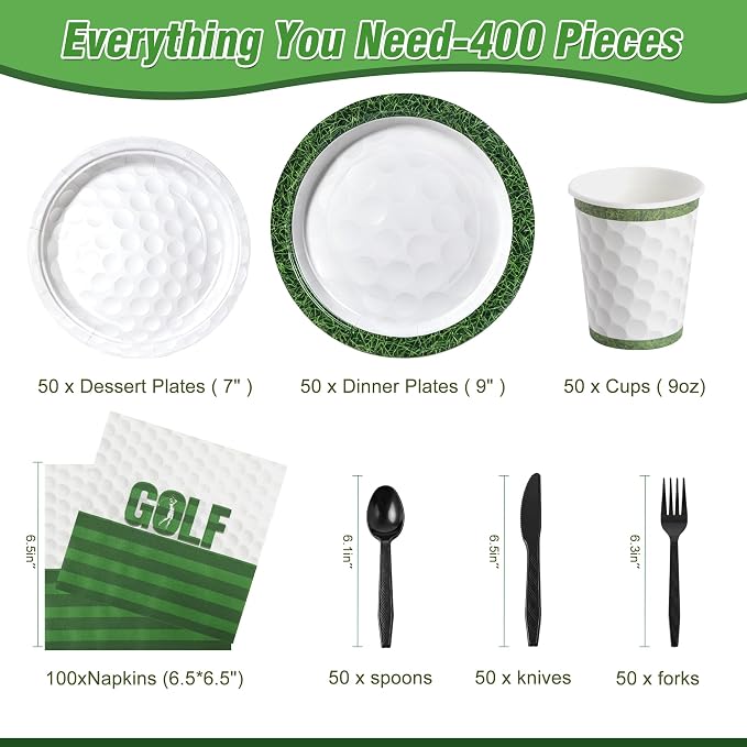 400 Pcs Disposable Golf Party Tableware Set for 50 Guests | Heavy-Duty 7" & 9" Paper Plates, Cups, 13" Napkins & Plastic Cutlery for Game Day and Birthday Party Supplies
