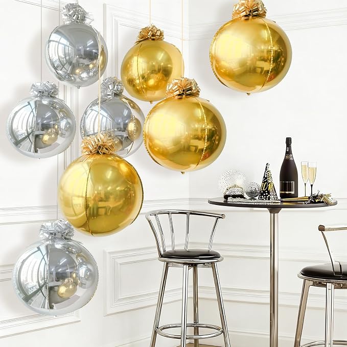 6 Pack 4D Gold and Silver Orb Balloons - 22 Inch Large Metallic Sphere Mylar Balloons with Pull Bows, Hanging Ceiling Ornaments for New Year, Birthday, Wedding, Anniversary Party Decorations