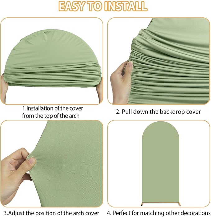 FUHSY Spandex Arch Cover Set 7.2FT, 6.6FT, 6FT Wedding Arch Backdrop Stand Cover Arch Covers Stretchy Backdrop Set of 3 Chiara Backdrop Stands Cover for Ceremony Baby Shower Sage Green Party Decor
