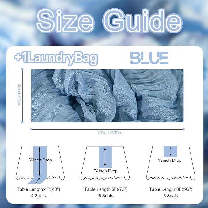 12 Pack Dusty Blue Cheesecloth Table Runners 35x120 Inch, Wide Pleated Boho Gauze Runner for Wedding Baby Shower Birthday Party, Semi-Sheer Rustic Table Decor