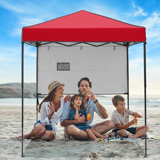6x4 Pop Up Canopy Tent with Half Wall Panel, Instant Portable Beach Canopy, Outdoor Tent with Carry Bag for Camping, Sports, Tailgating, Events, Red