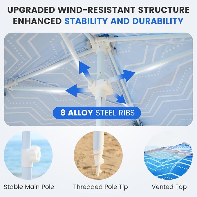 Zeraty Beach Cabana 8'×8', Portable Beach Canopy with Side Wall, UPF 50+ Silver-Coated B Each Tent Sun Shelter Easy Pop Up, Wind Resistant Adjustable Height B Each Umbrella Tent for Family, Boho Blue