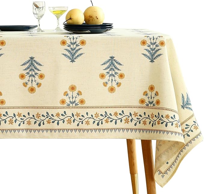 ISAENNE Designer French Linen Rectangular Tablecloth,118"x67"-Estevan A | Vintage Elegant Beautiful Printed Long Table Cloth,Pale Yellow Floral Pattern,Decor,Dining,Kitchen,Tea Party,Thanksgiving
