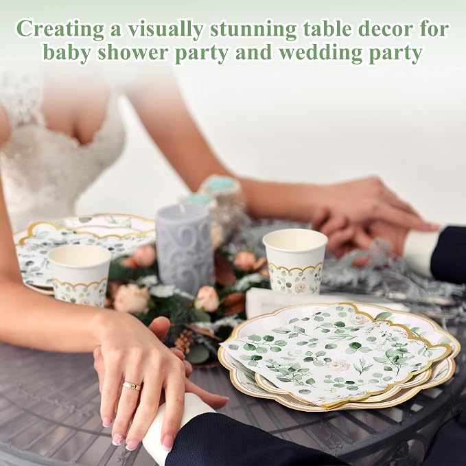 Funnymoom 250 Pcs Sage Green Color Party Decorations Eucalyptus Greenery Plates Cups and Napkins Paper Baby Shower Bridal Shower Party Tableware Set for Wedding Birthday Jungle Decorations, Serves 50