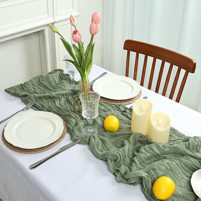 8 Pack Sage Green Cheesecloth Table Runner 10ft Boho Gauze 120 Inch Cheese Cloth Table Runner Rustic Sheer for Spring Holiday Baby Shower Party Décor Home Wedding Decoration