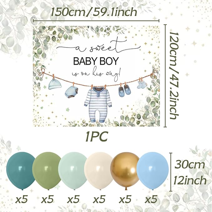 Greenery Baby Shower Decorations Boy A Sweet Baby Boy is On The Way Backdrop for Boy Birthday Party Decor Sage Green Balloons Oh Boy Baby Shower