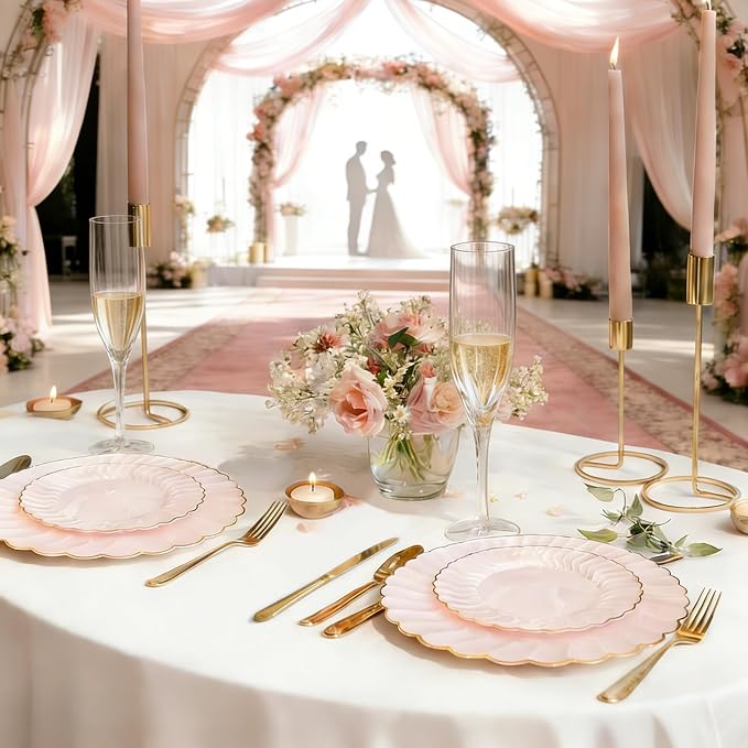 Pink Disposable Plastic Plates 125pcs Scalloped Gold Rim for 25 Guests | Includes 25 Dinner and Dessert Plates 75 Gold Cutlery Elegant Tableware for Wedding Birthday Baby Shower Valentine Parties