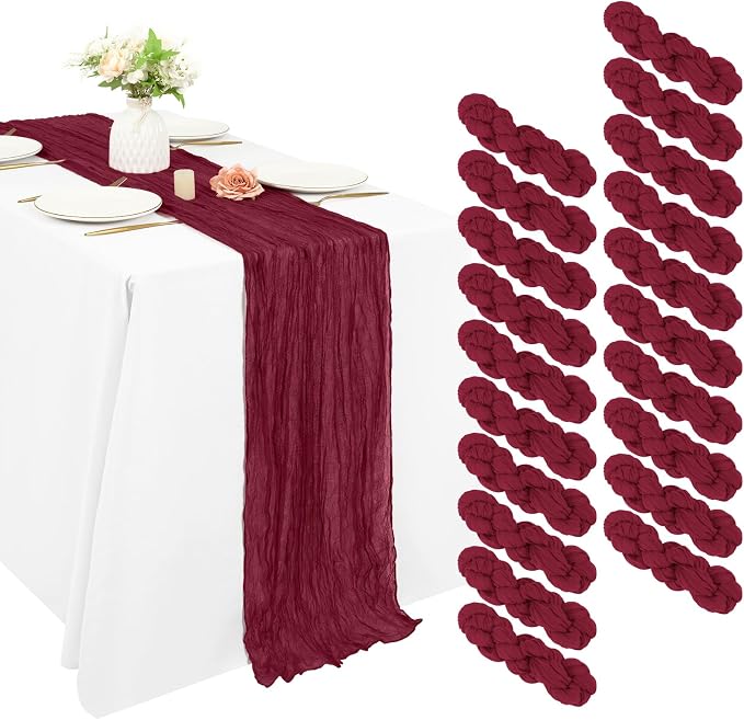20 Pack Cheesecloth Table Runner 17 x 108 inch Long Boho Gauze Table Runners Semi Sheer Table Runner for Wedding Decor, Baby Shower, Birthday Party, Banquet (Burgundy)