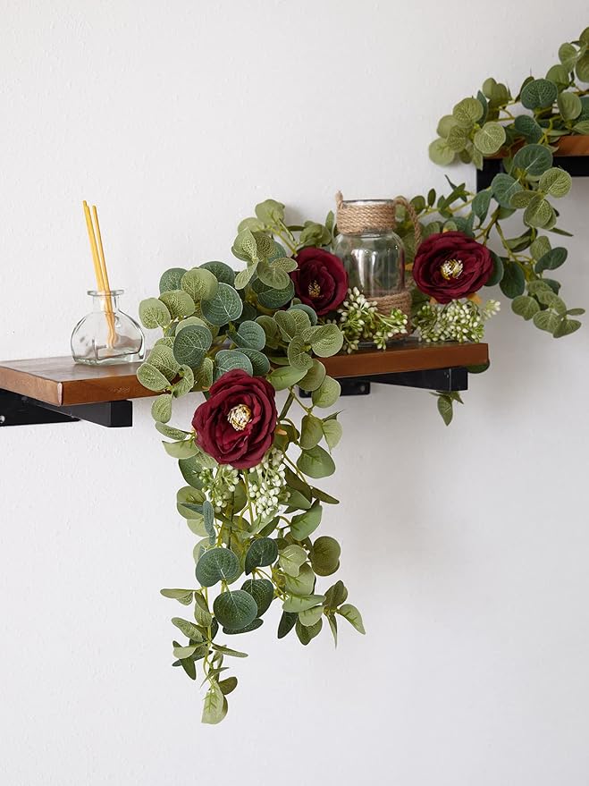 PARTY JOY 6.5 ft Eucalyptus Garland with Flowers, Floral Greenery for Party Wedding Table Indoor Outdoor Backdrop Wall Decor (Red,1)