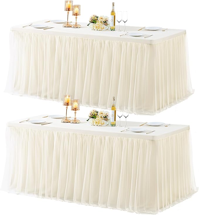 2 Pack Champagne Table Cloth for 6 Foot Rectangle Tables, Stretch Fitted Tulle Table Covers Skirt, Rectangular Ruffle Tutu Tablecloth Wedding Banquet Baby Shower Cake Tablecloths Decorations