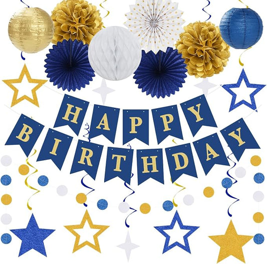 Navy-Blue White-Gold Birthday Party Decorations - 19pcs Men Boys Streamers Banner,Paper Star Garland Lanterns Honeycomb Fan,Tissue Pom Poms,Wall Ceiling Backdrop Supplies Ouruola