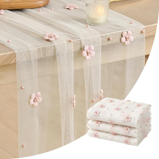 Artoid Mode Pink Flower Pearl White Gauze Table Runner 10FT 3PC, Seasonal Sheer Dining Holiday Wedding Birthday Baby Shower Table Decor for Home Party