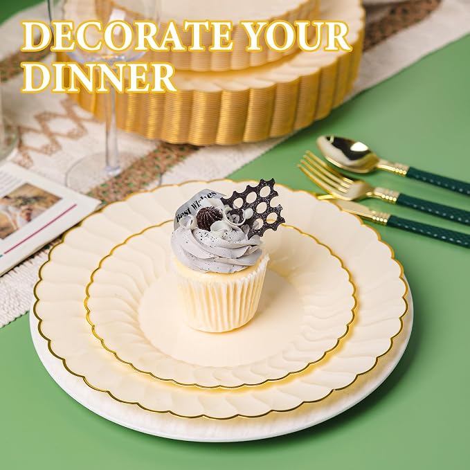 Lullaby 60PCS Light Yellow Scalloped Plastic Plates, Disposable Elegant Plates Include 30pcs Dinner Plate 10.25", 30pcs Plastic Dessert Plate 7.5", Perfect for Wedding and Party