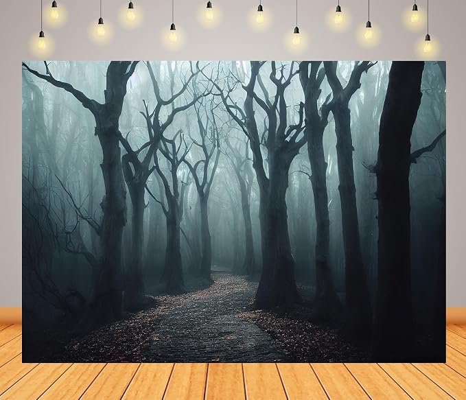 Haunted Mist Forest Backdrop 12x10ft Fabric Creepy Scene Dark Pathway Scary Trees Spooky Foggy Woods Background for Halloween Birthday Party Decorations Witch Photo Booth Studio Props