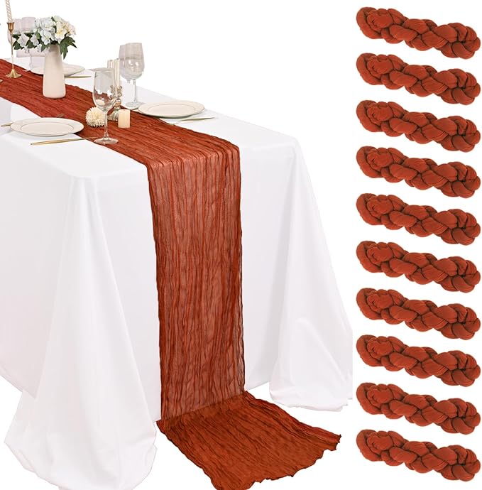 10 Pack Terracotta Cheesecloth Table Runner 10FT Boho Gauze Fabric Cheese Cloth Table Runners for Wedding ,Party,Baby Shower, Bridal Party, Rustic Farmhouse and Table Decorations