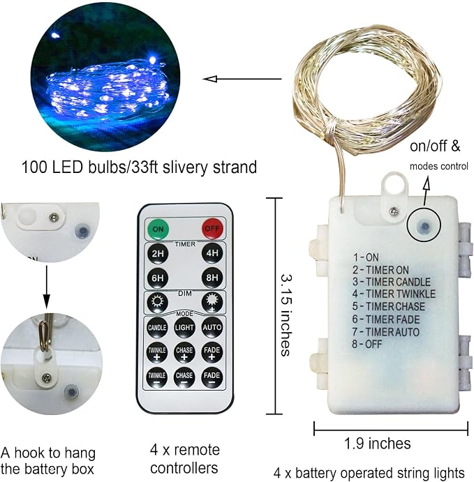 Fairy Lights Battery Operated 100 LED 33 ft Twinkle Starry Firefly LED String Lights with Timer 8 Modes Remote Waterproof for Christmas Party Bedroom Wedding 4 Pack (Blue)