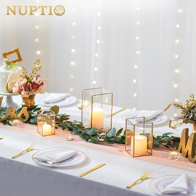 NUPTIO Hurricane Glass Candle Holders: 3Pcs Gold Lanterns Candle Holder for Pillar Candles Geometric Table Centerpiece for Outdoor & Indoor Wedding Christmas Holiday Party Decor 8.1 & 6.5 & 4.7 inch