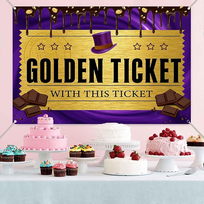 6x4FT Golden Ticket Banner Chocolate Factory Backdrop Purple Chocolate Factoy Kids Birthday Party Background for Adults Kids Birthday Baby Shower Party Decorations Supplies TAYHBDJ106