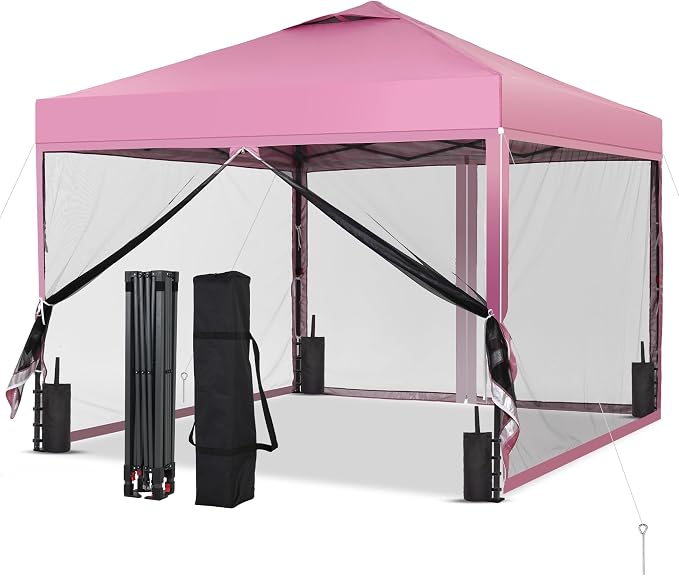 GDY 10x10 Pop-up Canopy Tent with 4-Mosquito Nettings, Outdoor Screen Gazebo with 4 Sandbags, 4 Ropes & 8 Stakes, 3-Level Height Adjustment for Patio, Camping, and Backyard, Pink