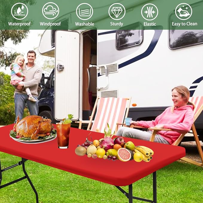 2 Pack Picnic Fitted Table Cover for 8 Foot Tablecloth for Rectangle Tables Waterproof Stretch Washable Folding Indoor and Outdoor Spandex Table Cloth for Camping Banquet and Parties (Red,30" x 96")