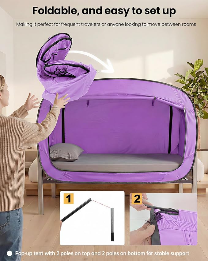 ANC POP Bed Tent Twin Bed Canopy Portable Dream Tent for Adult Indoor Sleeping Tents with 2 Doors Breathable Private Space Tents, Violet