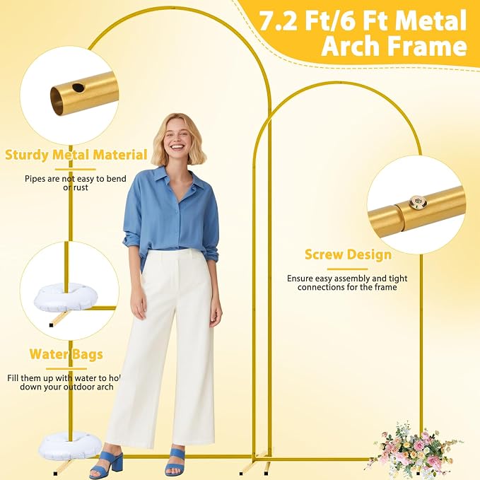 Metal Arch Backdrop Stand and Cover Set of 2, 7.2ft 6ft Gold Party Back drop Arch Stand with Spandex White Background Covers Balloon Garland Kit for Birthday Parties Wedding Ceremony Baby Shower Décor