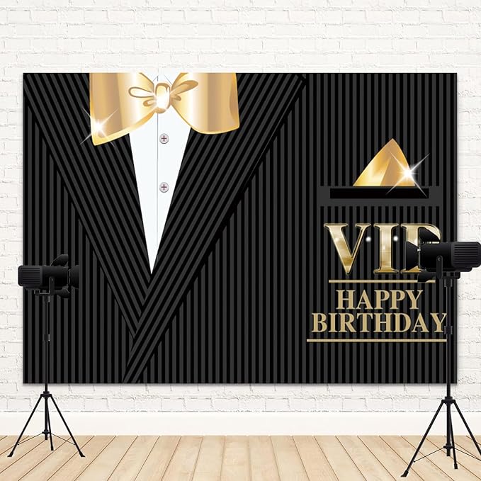 10x7ft Happy Birthday Backdrop VIP Photography Background Gentleman Black Tuxedo Suits White Shirts Gold Bow Tie Men Birthdays Party Banner Decorations Boys Kids Portrait Photo Booth Prop