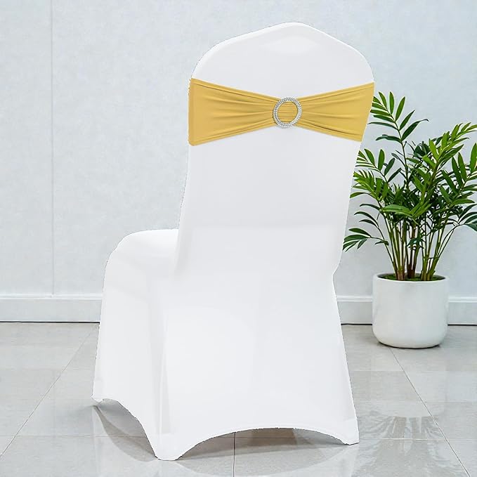 VDS - Gold | Spandex Chair Sashes Bows | 300 PCS | Stretch Elastic Banquet Universal Folding Chair Band Tie with Silver Buckle Slider for Wedding Party Conference Celebration Event Decoration