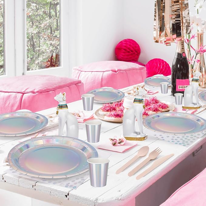 200PCS Iridescent Party Decorations Supplies, Paper Plates and Napkins Set, Iridescent Party Tableware Set for Mermaid Unicorn Birthday Wedding Party, Serve for 25 (Iridescent Set)