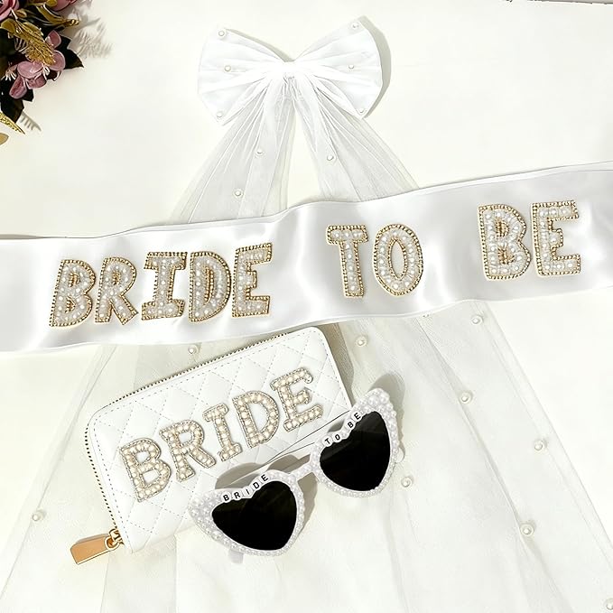 JarThenaAMCS Pearl Bride To Be Hair Bow Veil Heart Shaped Sunglasses Bridal Sash Bag Set for Wedding Bachelorette Party Favors Bridal Shower Accessories Gift
