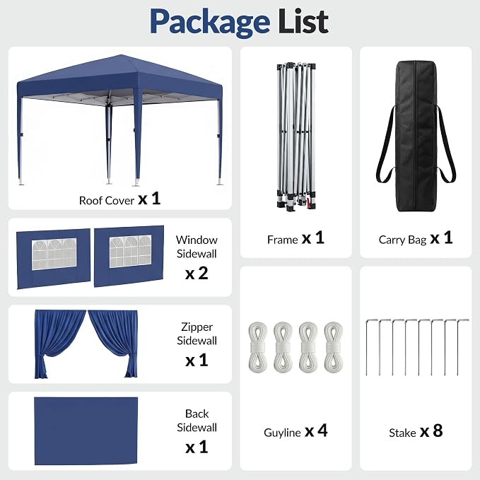 10x10 Pop Up Canopy with Sidewalls, Instant Tent with Carry Bag, Height Adjustable Waterproof Shade Canopy, for Event, Parties, Camping (Blue, 10x10 with Sidewalls)