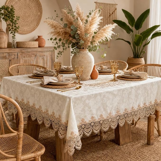 ARTABLE Lace Table Cloth Rectangle Bohemian Style Decor Macrame Tablecloth for Outdoor Farmhouse Rustic Shabby Chic Lace Table Linen Kitchen Party Birthday Picnic (Light Brown, 60 x 120 Inch)