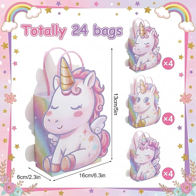 Tosstuki 24 Pcs Unicorn Birthday Party Favor Bags 3D Paper Cute Rainbow Horse Gift Treat Bags with Handle Kraft Paper Decorations for Unicorn Themed Party Candy Treats, Events Decorations & Supplies
