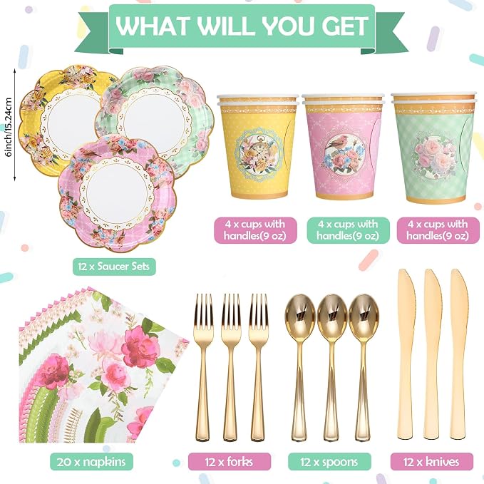 Layhit 83 Pcs Disposable Tea Party Set with 3 Tier Cake Stand Vintage Floral Paper Cups Plates Napkins Cutlery for Women Girls Birthday Baby Shower Bridal Shower Tea(Vivid)