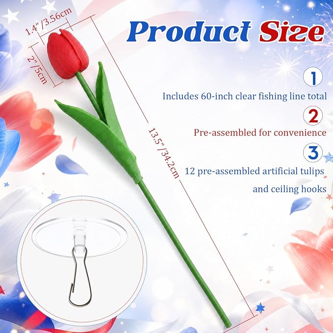 12 Pack Red White Blue 5 ft Artificial Hanging Tulips Garland, 4th of July Dangling Faux Tulip Wall Ceiling Patriotic Hanging Flower for Independence Day 250th Anniversary Home Party Decor