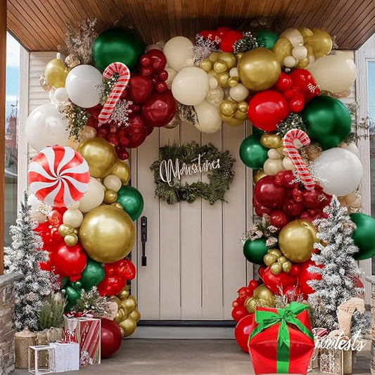 Christmas Balloon Arch DOUBLE STUFFED Red Green White Balloons Green Red Gold Balloon Garland Kit for Christmas Birthday Baby Shower Wedding New Yeaar Party Decorations