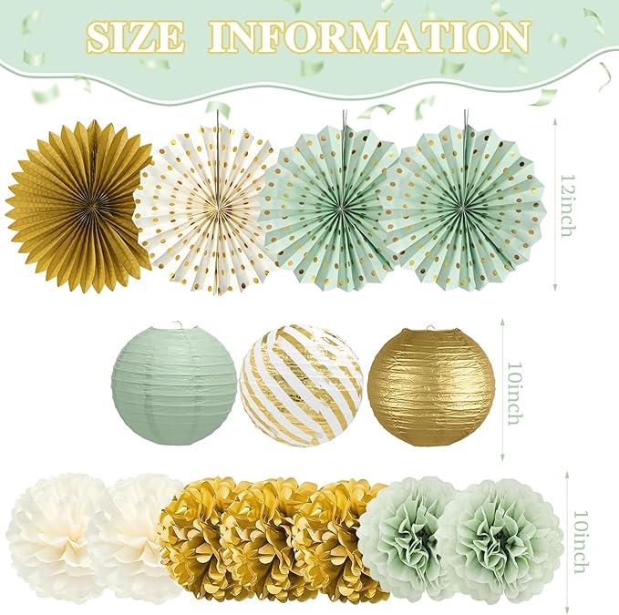 ADLKGG Sage Green Party Decorations, 14 Pcs Green and Gold Hanging Paper Fans, Lanterns, Pom Poms - Elegant Backdrop for Baby Shower, Bridal Shower, Birthday, Wedding, Engagement Party
