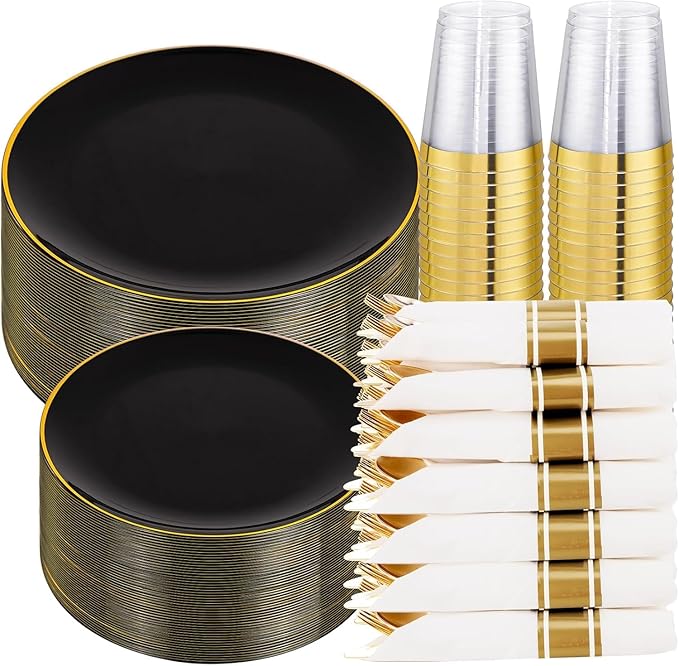 KIRE 350 PCS Plastic Dinnerware Set for 50 Guests - Black and Gold Plates 50 for Dinner 50 for Dessert & 50 Pre Rolled Napkins with Disposable Silverware 50 Cups for Graduation/Banquet/Wedding